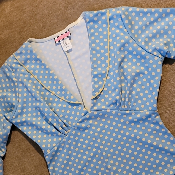 Pinup Couture Blue & Yellow Polka-dot Blouse Rare - Picture 2 of 15